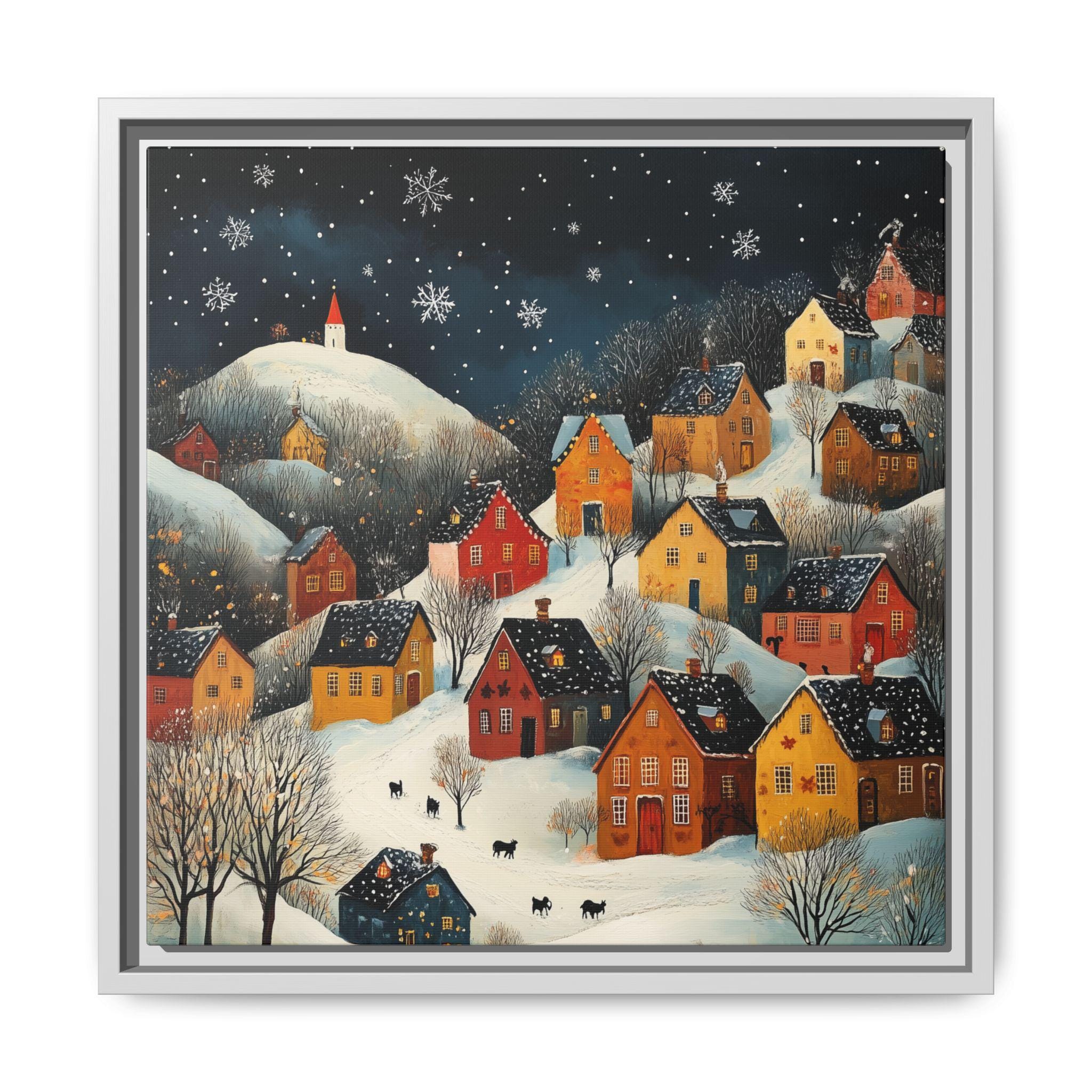 Folk Art Snowy Christmas Town Village Wall Art Frame Canvas Holiday ...
