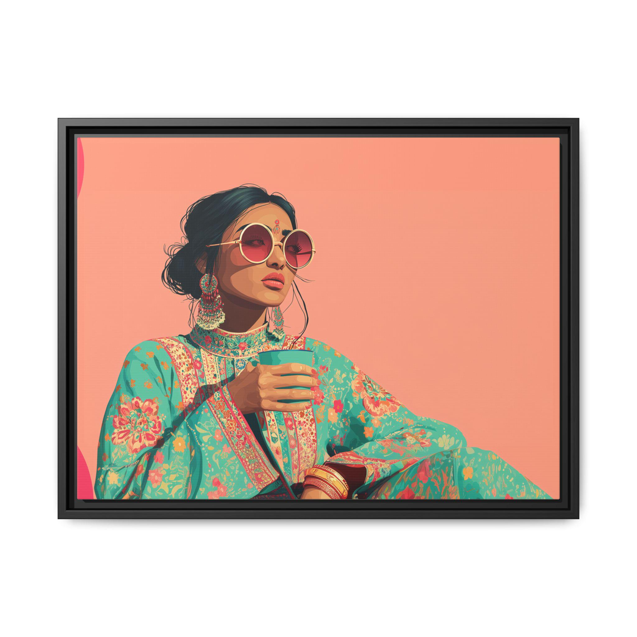 【稀少品】インド風絵画デザイン・タペストリー(国内最終作品) チャイを持つデシの女性、インドのボリウッドスタイルのアート