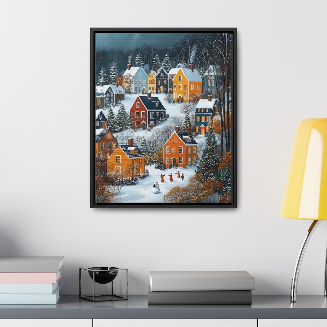 Folk Art Snowy Christmas Town Village Wall Art Frame Canvas Holiday ...