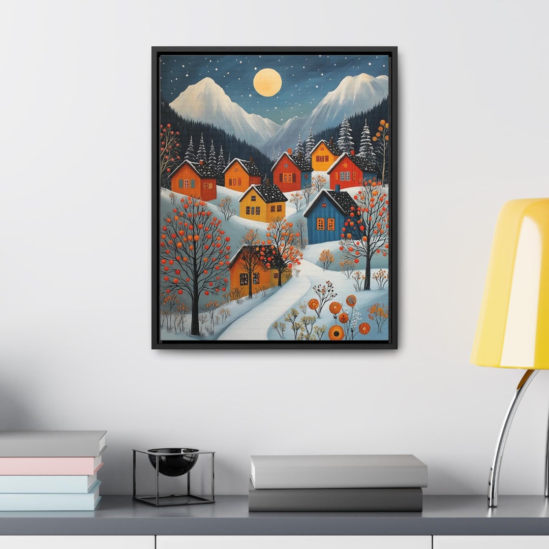 Christmas Folk Art Snowy Village Wall Art Printable Poster, Canvas ...