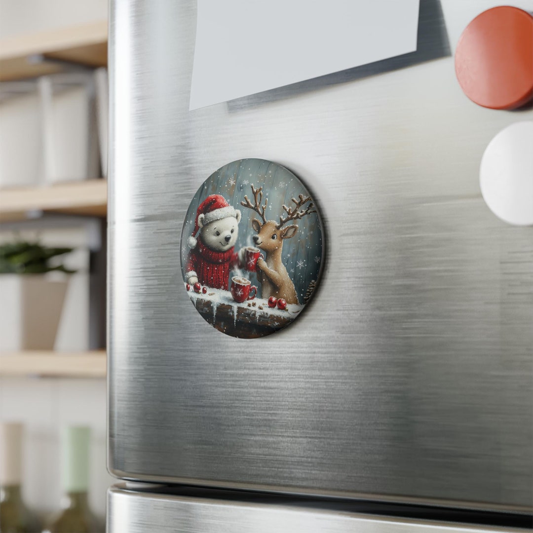 Christmas Reindeer and Polar Bear Fridge Magnet, Round (1 & 10 Pcs ...