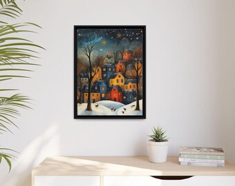 Folk Art Snowy Christmas Town Village Wall Art Frame Canvas Holiday Decor Gift  Painting Xmas Unique Print Cottage Winter Artwork Decoration