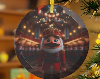 May include: A round glass ornament featuring a Nutcracker doll in a red and gold uniform. The doll is standing in a theater setting with a chandelier and other Nutcracker dolls in the background.
