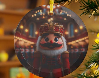 May include: A round glass ornament featuring a Nutcracker doll with a red and gold crown, a white beard, and a red and blue uniform. The doll is standing in front of a blurred background of a stage with lights.