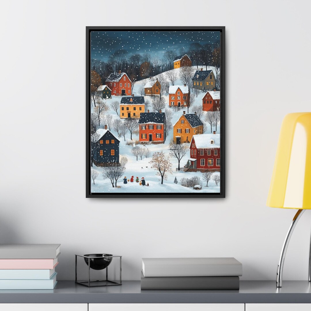 Folk Art Snowy Christmas Town Village Wall Art Frame Canvas Holiday ...