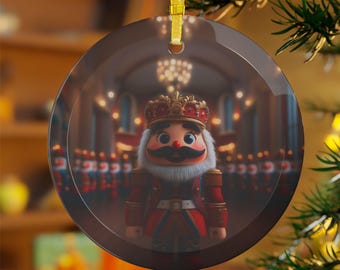 May include: Round Christmas ornament featuring a cartoon nutcracker soldier in a red uniform and gold crown. The ornament has a gold ribbon for hanging and depicts a festive scene with a blurred background of a grand hall.