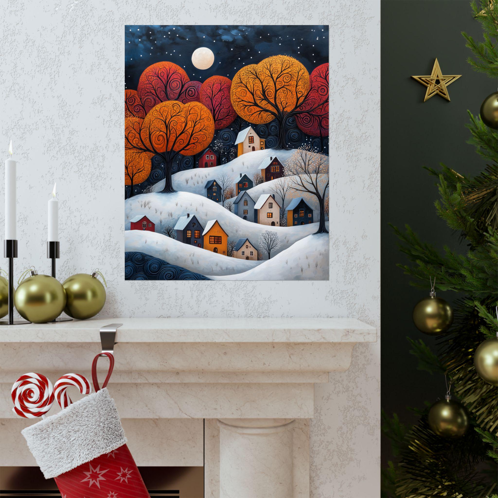 Christmas Folk Art Snowy Village Wall Art - Matte Vertical Poster ...