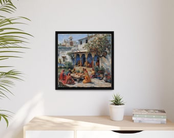 Sindhi Dorf Kunst, Galerie Leinwand mit quadratischem Rahmen, Mughal Palast Afghane Pakistanische indische Frauen Subkontinent Persisch Wanddruck Poster