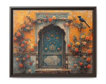 Persian Palace Mughal Art Canvas Horizontal Frame - Pakistani Indian Subcontinent Persian Palace Oil Painting, Royal Mughal Style Art