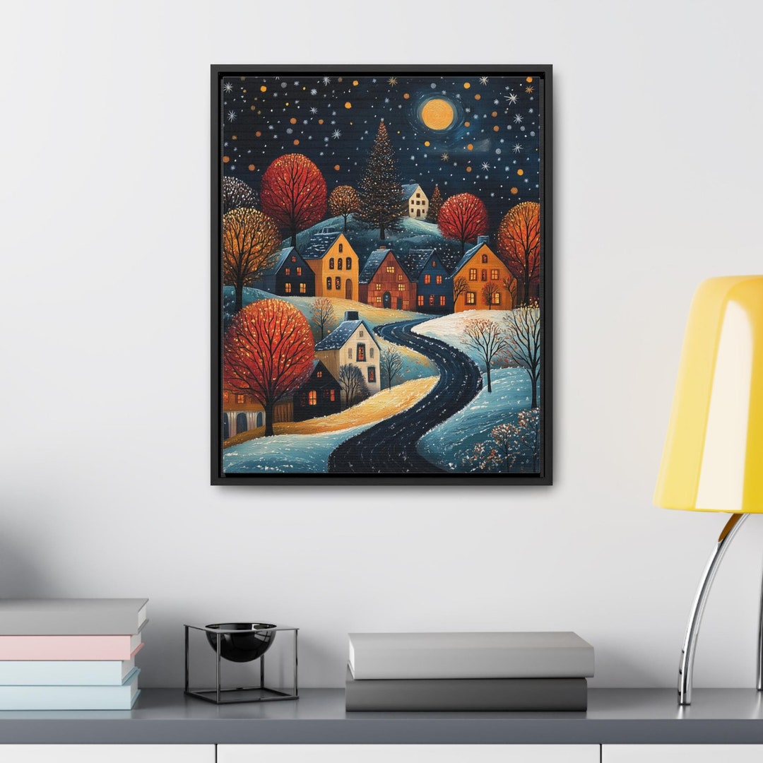 Folk Art Snowy Christmas Town Village Wall Art Frame Canvas Holiday ...