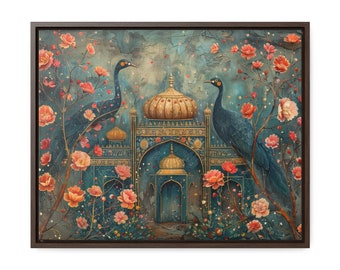 May include: A painting of two peacocks perched on branches in front of a blue and gold ornate building with a domed roof. The background is a blue and green watercolor wash with pink flowers.
