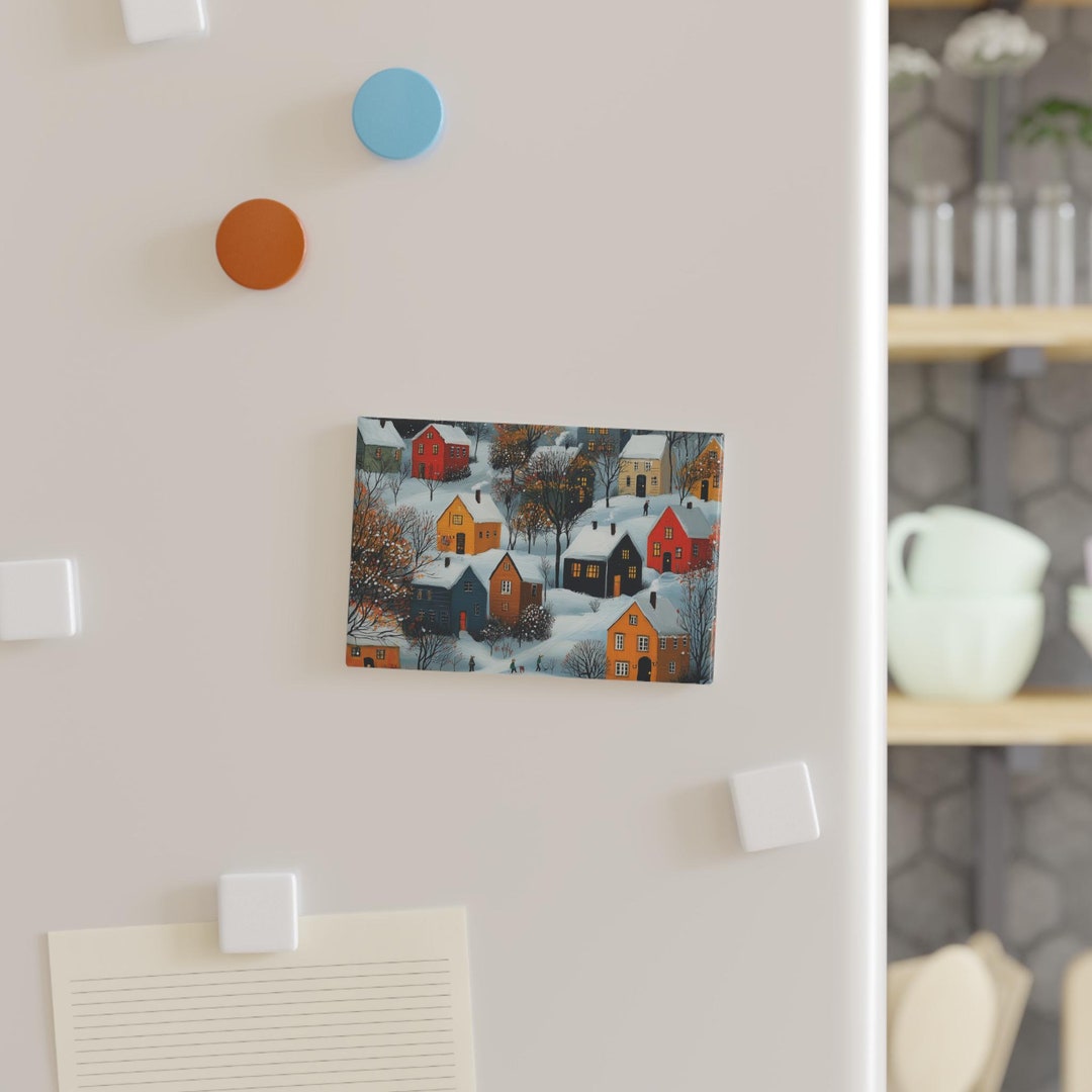 Christmas Folk Art Snowy Village Fridge Magnet, Rectangle Holiday Decor ...