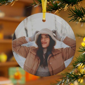 Custom Photo Ornament - Personalized Christmas Glass Ornaments, Just Married Ceramic Engagement First Christmas Gift for Her, Holiday Decor