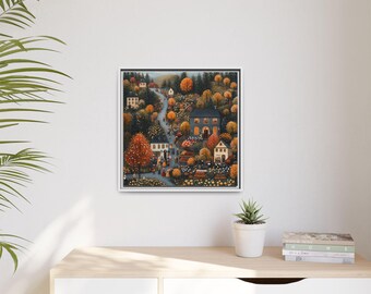 Fall Harvest European Village Art Painting, Gallery Canvas Square Frame, Available in 5 Sizes, Victorian Autumn Pumpkin Gothic Wall Print