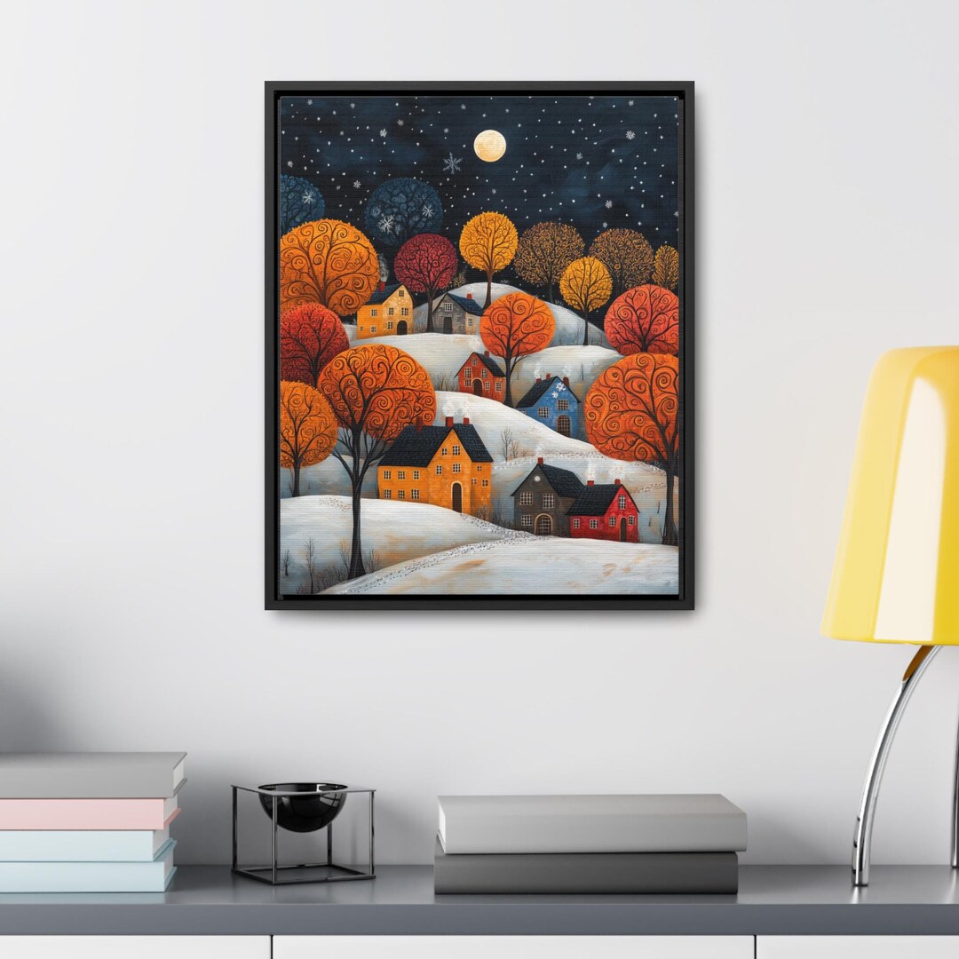 Folk Art Snowy Christmas Town Village Wall Art Frame Canvas Holiday ...
