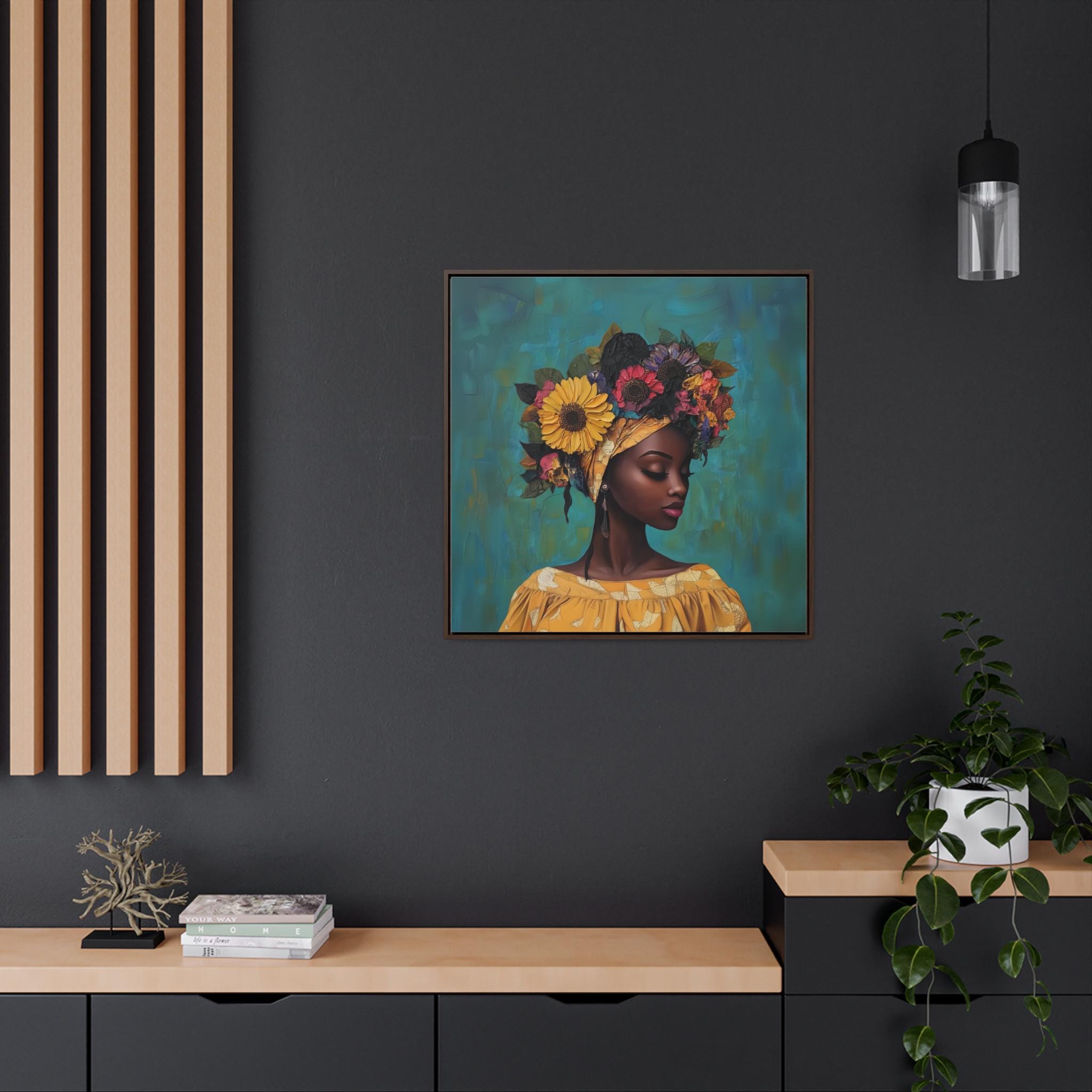 YHSKY ARTS Wandbild 'Schwarze Frau' - Afroamerikanische Kunst, Vintage-Modern, Blau-Gold, Für Wohnzimmer & Schlafzimmer