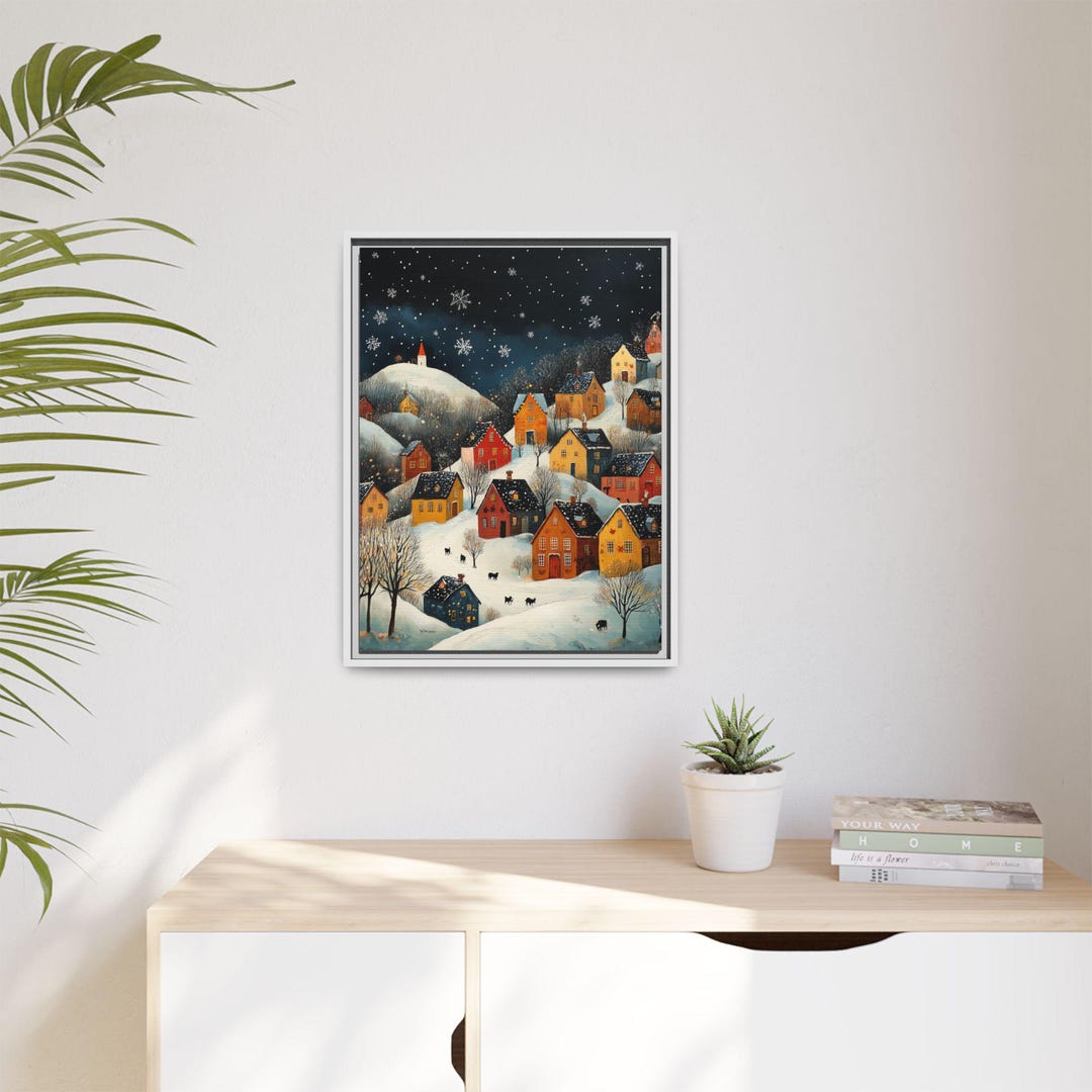 Folk Art Snowy Christmas Town Village Wall Art Frame Canvas Holiday ...