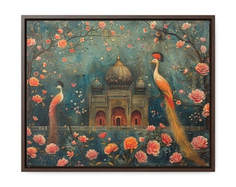 May include: A painting of a colorful, ornate building with two peacocks in front of it. The building has a dome and minarets. The peacocks are perched on branches of a tree with pink flowers. The background is a blue and green sky with clouds.