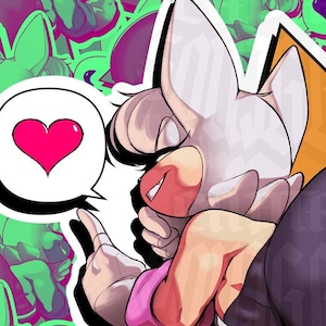 Op de afbeelding: Een sticker met een cartoonfiguur met witte vacht en een roze hart. Het personage draagt een zwart en paars outfit en houdt een roze hart vast. De sticker is geplaatst op een achtergrond van herhalende roze en groene harten.