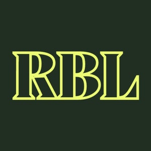 May include: A yellow outline of the letters "RBL" on a dark green background.