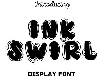 May include: Introducing Ink Swirl, a display font with a unique, swirly style. The font is black and white and has a playful, whimsical feel.