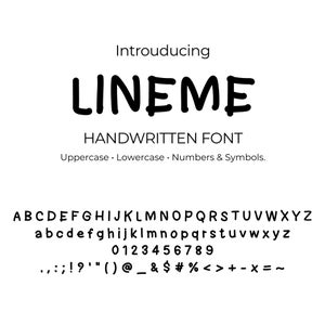 Peut inclure: Sur fond blanc, le texte "Introducing LINEME HANDWRITTEN FONT" est affiché. La police comprend des majuscules, des minuscules, des chiffres et des symboles. La police est de style gras et arrondi.