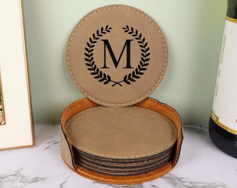 Personalized Leather Coaster Set, Customized Round Coasters, Custom Coffee Mug Mat, Personalized Coasters, Six Leather Coasters Set