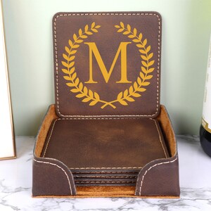Personalized Leather Coaster Set, Customized Square Coasters, Wedding Gift, Rustic Home Decor, Six Leather Coasters, Coasters with Initial