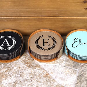 Custom Leather Coasters with Holder, Coaster Set, 6 Custom Leather Coasters, Housewarming Gift, Wedding Gift, Leather Coasters Personalized