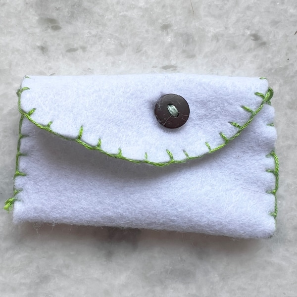 Small Handmade White Pouch with Green Stitching (Made from wool felt)