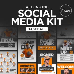 Puede incluir: Un kit de redes sociales todo en uno para béisbol que presenta varias plantillas digitales en negro, blanco y naranja. Los diseños incluyen formatos para días de juego, jugador de la semana, resultados finales, alineaciones y anuncios con la marca Canva.