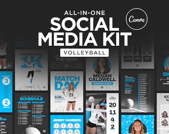 May include: A digital social media kit for volleyball featuring various templates with black, white, and blue color schemes. The designs include text such as ALL-IN-ONE SOCIAL MEDIA KIT, VOLLEYBALL, MATCH DAY, SCHEDULE, and various player profiles.