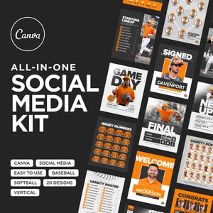 Może przedstawiać: Zestaw szablonów mediów społecznościowych dla baseballu i softballu, z pomarańczowymi i białymi wzorami. Zestaw zawiera szablony dla składów startowych, ogłoszeń o dniu meczu i profili graczy. Widoczne jest logo Canva.