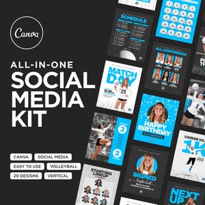 May include: A social media kit for volleyball teams with 20 vertical designs. The kit includes graphics for match day, player of the week, birthday, and more. The graphics are in blue and white with a volleyball theme.