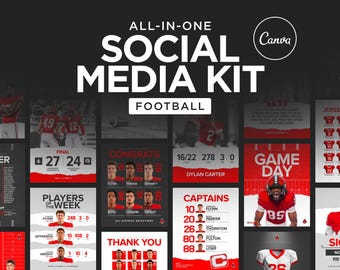 May include: A digital social media kit template for football featuring the text ALL-IN-ONE SOCIAL MEDIA KIT FOOTBALL and Canva logo. The design includes various layouts for game day, player rosters, captains, and stats in red, white, and black.