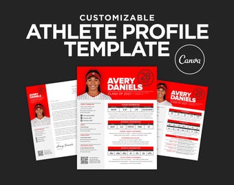 Puede incluir: Plantilla de perfil de atleta personalizable en rojo y blanco. Presenta una foto de Avery Daniels y secciones para información del jugador y datos académicos. El logotipo de Canva es visible. El texto dice 'Plantilla de perfil de atleta'.