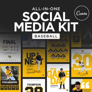 Può includere: Un kit digitale per social media dedicato al baseball con una raccolta di modelli in giallo, nero e bianco. I design includono testo come ALL-IN-ONE SOCIAL MEDIA KIT, BASEBALL, FINAL, UP NEXT, IT'S GAME DAY e 30 HOME RUNS.