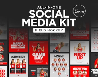 May include: An all-in-one social media kit for field hockey featuring various digital templates. The designs include red, white, and black color schemes with text such as ALL-IN-ONE SOCIAL MEDIA KIT, FIELD HOCKEY, CAPTAINS, LINEUP, and NEXT UP.