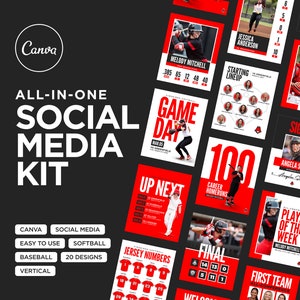 Könnte beinhalten: Ein Satz von 20 Social-Media-Grafiken für Baseball- und Softball-Teams. Die Grafiken zeichnen sich durch rot-weiße Farbschemata mit Spielerfotos, Trikotnummern und Spieltagsinformationen aus. Die Grafiken sind für die Verwendung auf Plattformen wie Instagram und Facebook konzipiert.