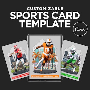 Puede incluir: Plantilla de tarjeta deportiva personalizable con ilustraciones de jugadores de fútbol americano. Las tarjetas presentan jugadores con uniformes rojos, naranjas y verdes, sobre un fondo de paisaje urbano. La plantilla incluye el logotipo de Canva.