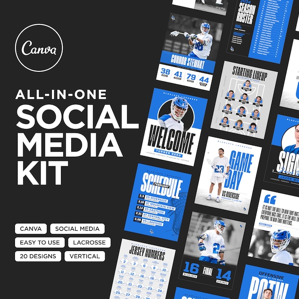 Sports Team Canva Templates - 20 Social Media Graphics for Lacrosse, Schedules, Gameday, Rosters, Stats, Spotlights, and more!