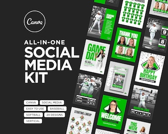 Plantillas Canva para equipos deportivos: 20 gráficos de redes sociales para sóftbol y béisbol, horarios, días de juego, listas, estadísticas, destacados y más.