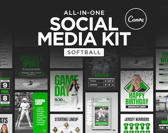 Könnte beinhalten: Ein digitales Social-Media-Kit für Softball mit einer Sammlung von Vorlagen in Grün- und Schwarztönen. Die Grafiken enthalten Text wie ALL-IN-ONE SOCIAL MEDIA KIT, SOFTBALL, GAME DAY, STARTING LINEUP und HAPPY BIRTHDAY.