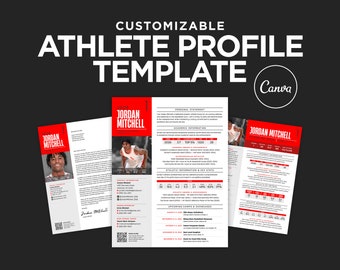 May include: A customizable athlete profile template in red and white with the text "2023 Jordan Mitchell" and "Athlete Profile Template" on the top. The template includes sections for personal statement, academic information, athletic information, and upcoming camps & showcases.