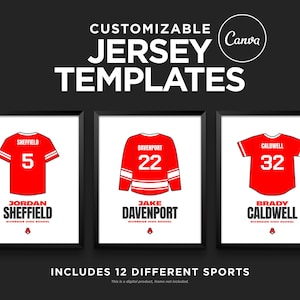 Może przedstawiać: Trzy oprawione wydruki przedstawiające czerwone szablony koszulek z nazwiskami i numerami graczy. Koszulki są przeznaczone do różnych sportów. Tekst na górze brzmi "CUSTOMIZABLE JERSEY TEMPLATES". Tekst na dole mówi "INCLUDES 12 DIFFERENT SPORTS".