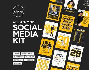 Plantillas Canva para equipos deportivos: 20 gráficos de redes sociales para béisbol y sóftbol, horarios, días de juego, listas, estadísticas, destacados y más.