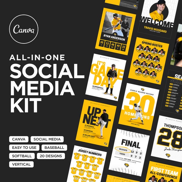 Sports Team Canva Templates - 20 Social Media Graphics for Baseball and Softball, Schedules, Gameday, Rosters, Stats, Spotlights, and more!