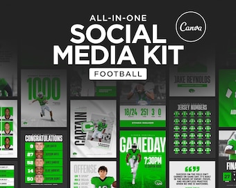 May include: A digital social media kit for football featuring various templates with green and black color schemes. The text includes ALL-IN-ONE SOCIAL MEDIA KIT, FOOTBALL, CONGRATULATIONS, GAMEDAY, and JAKE REYNOLDS, alongside player photos and stats.