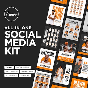 Canva-sjablonen voor sportteams: 20 socialmedia-graphics voor basketbal, schema's, wedstrijddagen, selecties, statistieken, spotlights en meer!