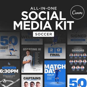 Pode incluir: Um kit digital de redes sociais para futebol com vários modelos em tons de azul e branco. O texto inclui ALL-IN-ONE SOCIAL MEDIA KIT, SOCCER, STARTING XI, MATCH DAY e outros gráficos e layouts relacionados ao esporte.